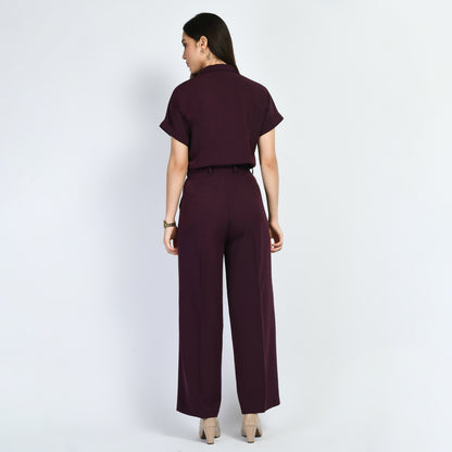 Exude Magnetism Solid Wide Leg Trousers With Blazer Tie Top Co-ord (Wine)