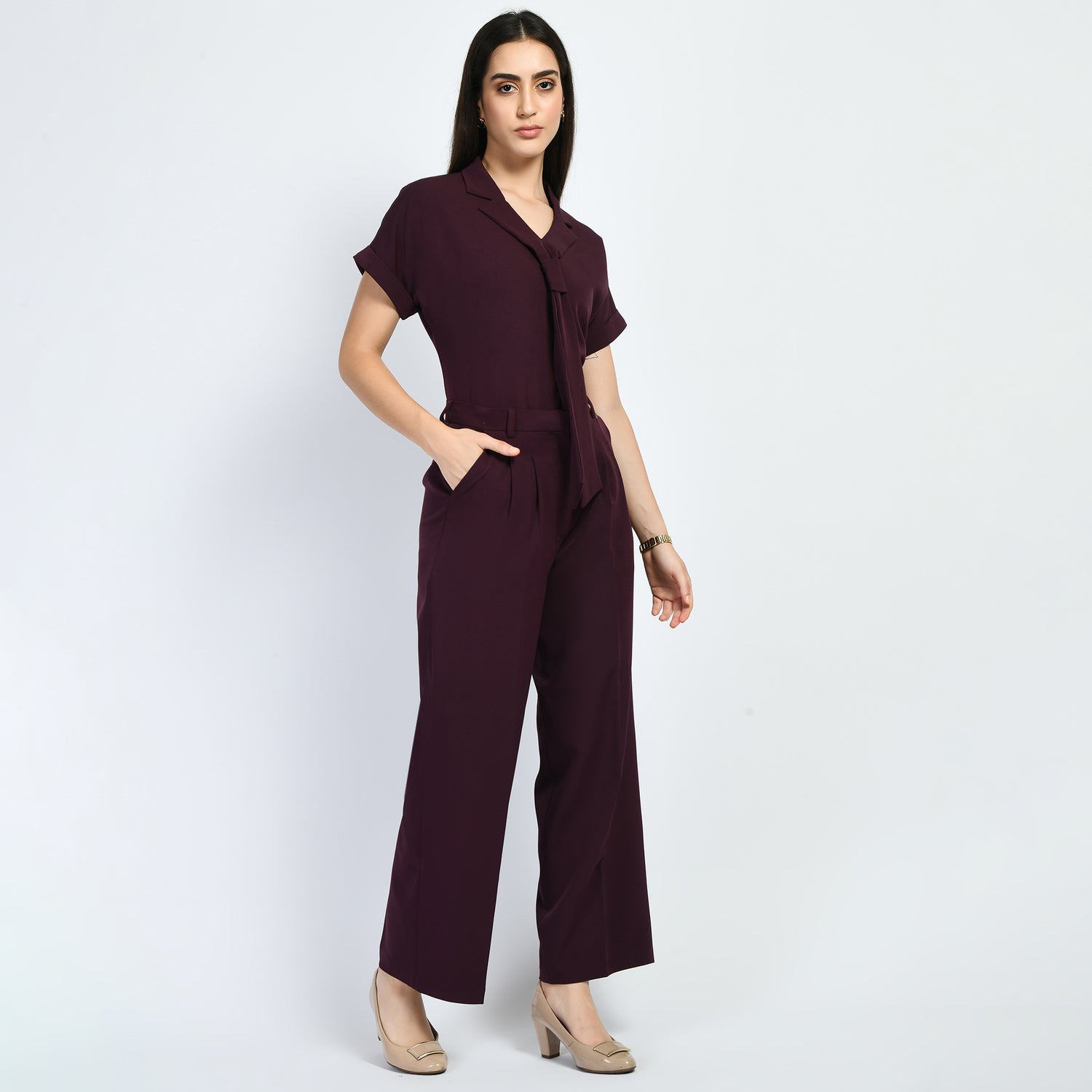 Exude Magnetism Solid Wide Leg Trousers With Blazer Tie Top Co-ord (Wine)