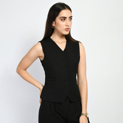 Exude Elusiveness Solid Wide Leg Trousers With Waist-Coat Top Co-ord (Black)