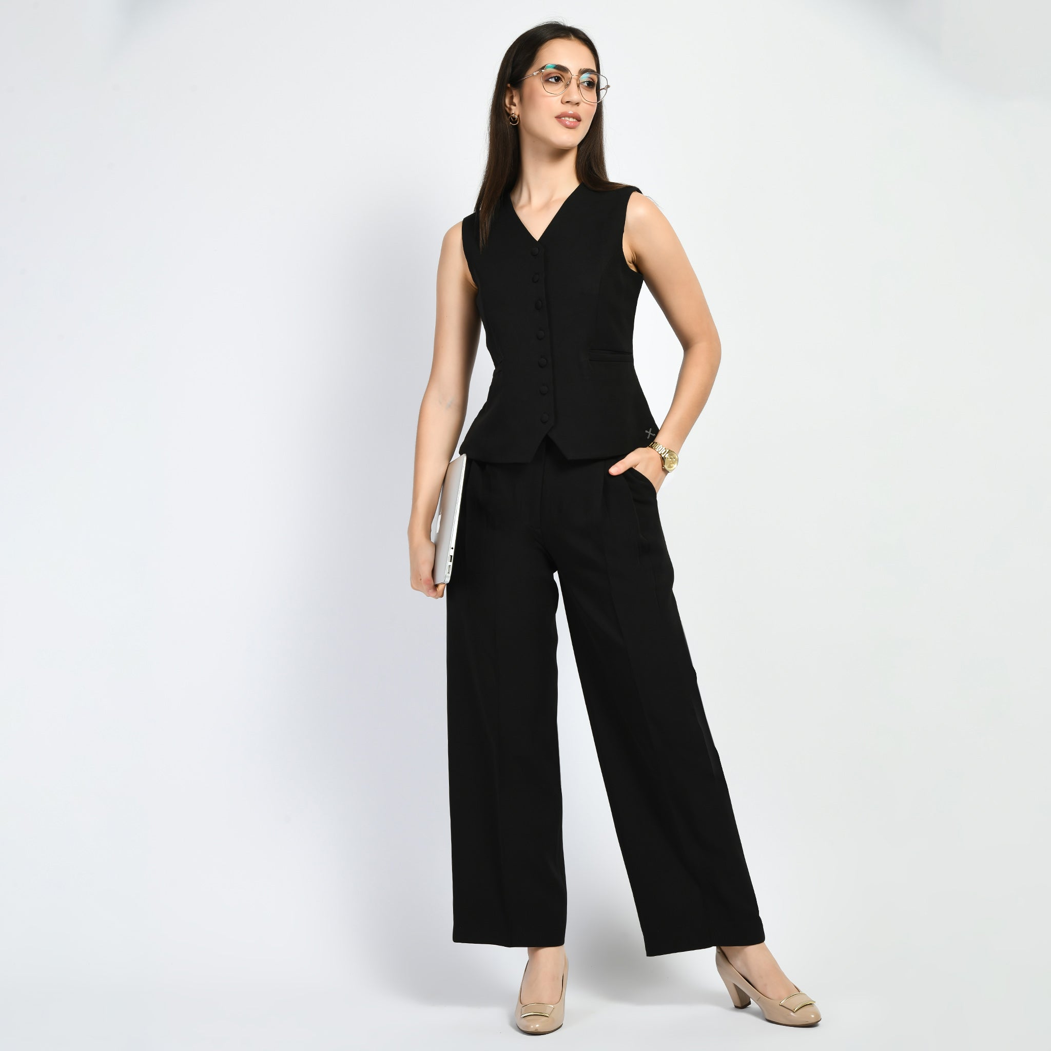 Exude Elusiveness Solid Wide Leg Trousers With Waist-Coat Top Co-ord (Black)