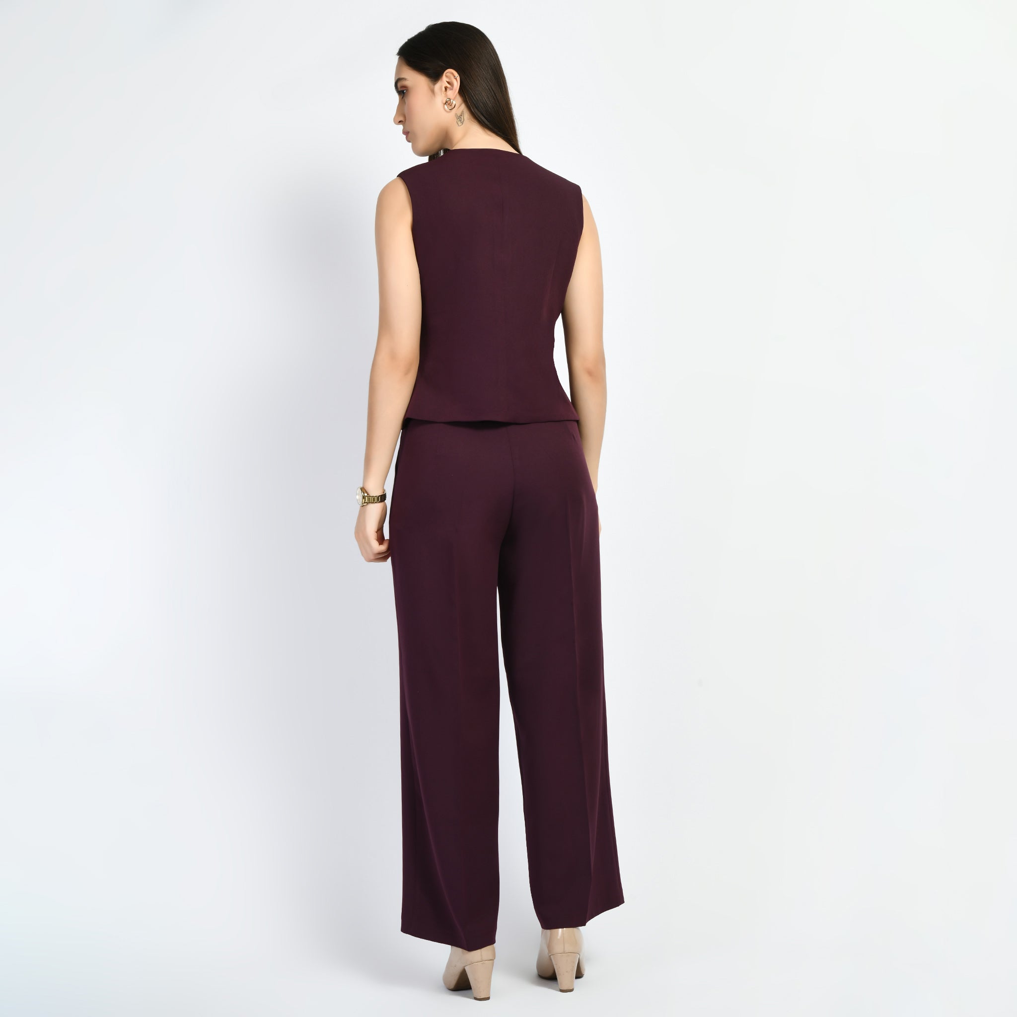 Exude Elusiveness Solid Wide Leg Trousers With Waist-Coat Top Co-ord (Wine)