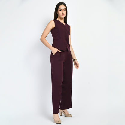 Exude Elusiveness Solid Wide Leg Trousers With Waist-Coat Top Co-ord (Wine)