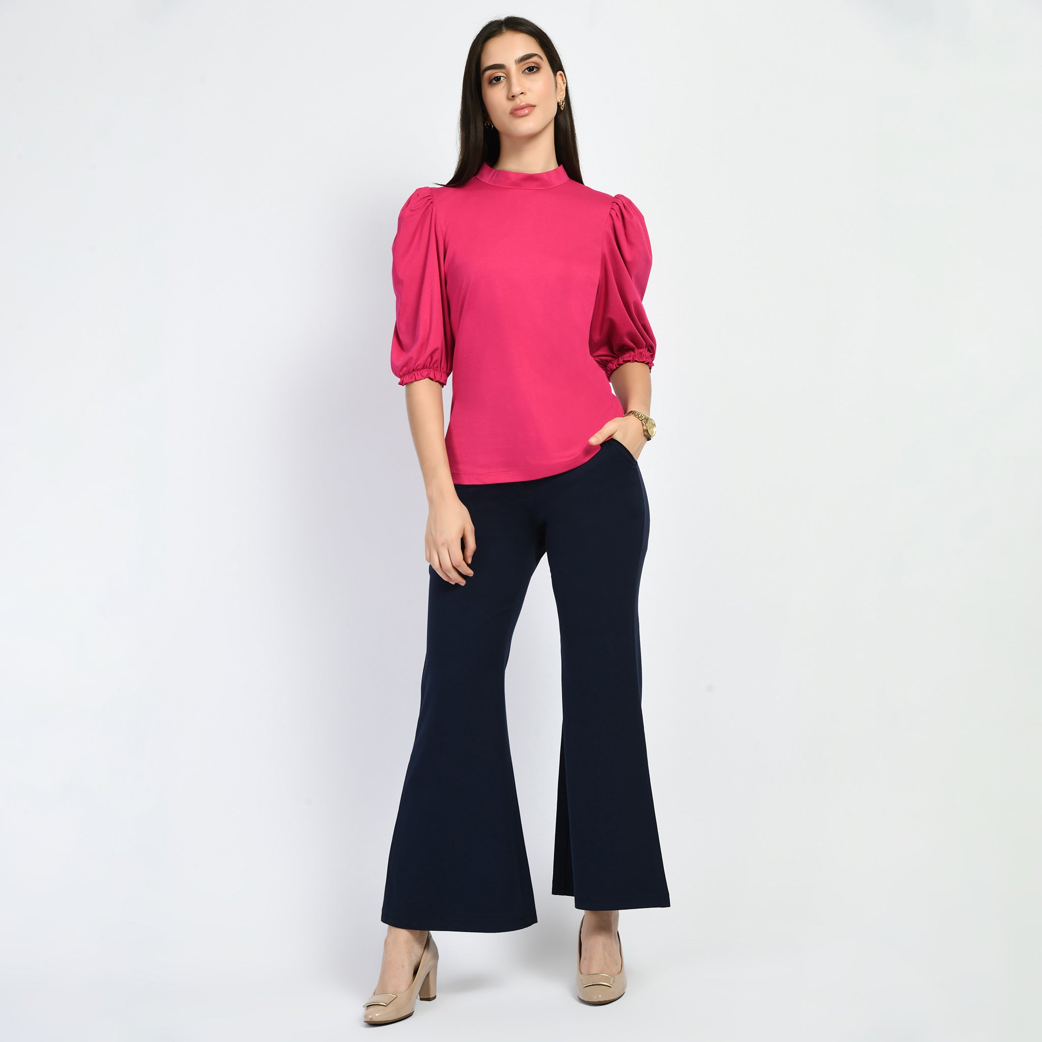 Exude Glamour Puffed Sleeves T-shirt (Hot Pink)