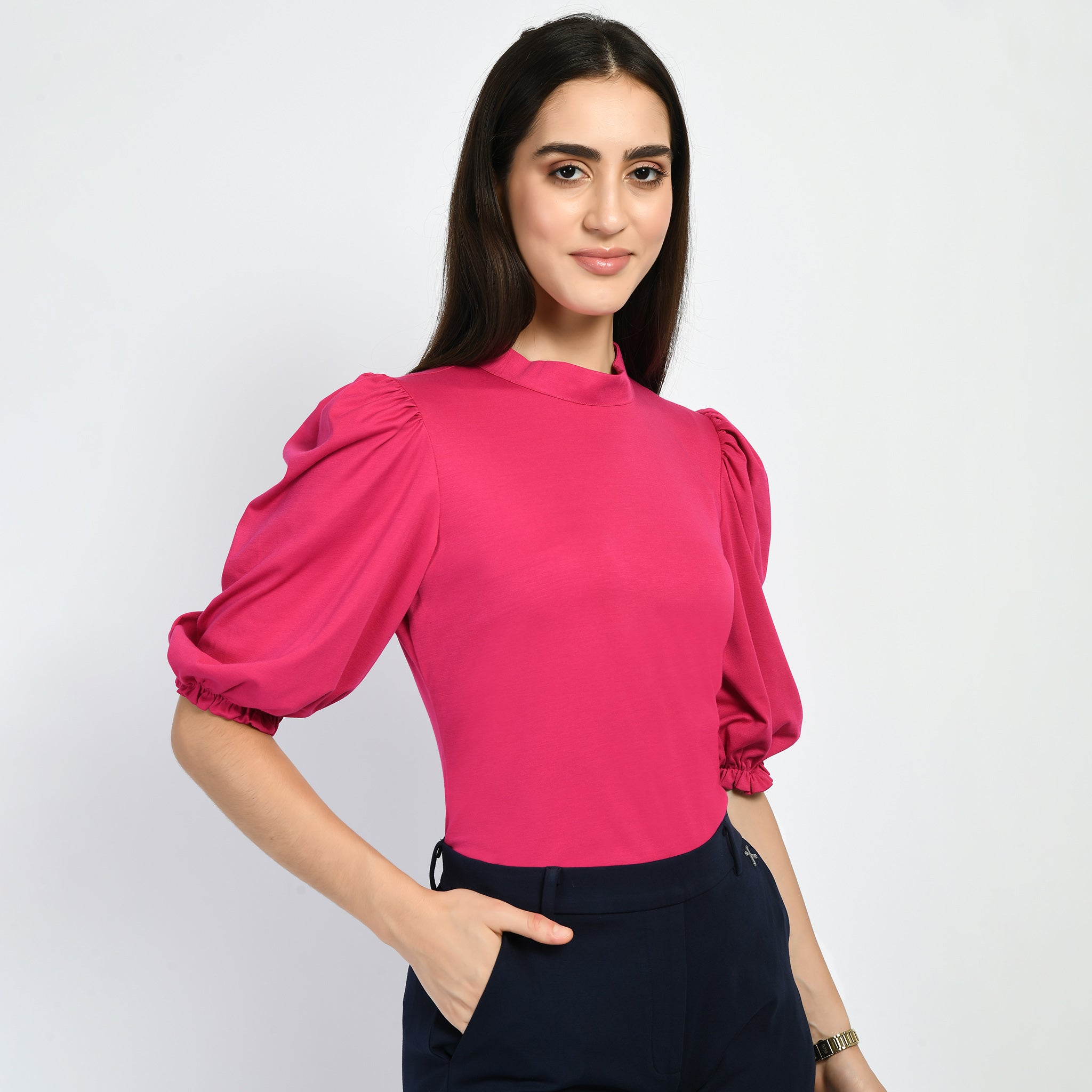 Exude Glamour Puffed Sleeves T-shirt (Hot Pink)