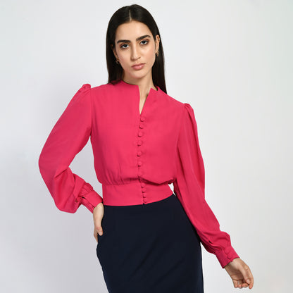 Exude Dynamism Blouson Top with Puffed Sleeves (Hot Pink)