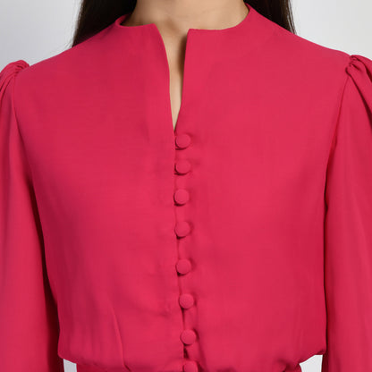 Exude Dynamism Blouson Top with Puffed Sleeves (Hot Pink)