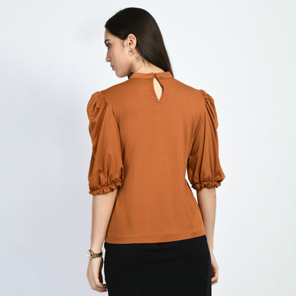 Exude Glamour Puffed Sleeves T-shirt (Tan Brown)