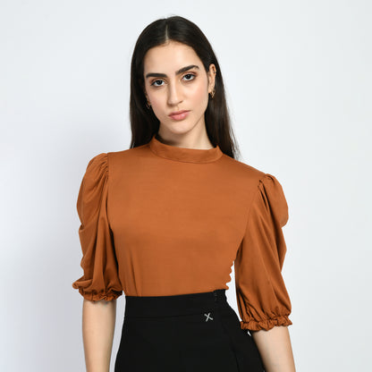 Exude Glamour Puffed Sleeves T-shirt (Tan Brown)