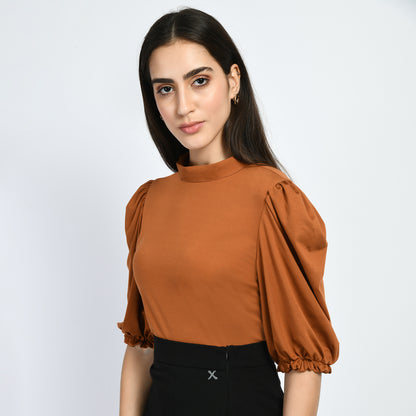 Exude Glamour Puffed Sleeves T-shirt (Tan Brown)