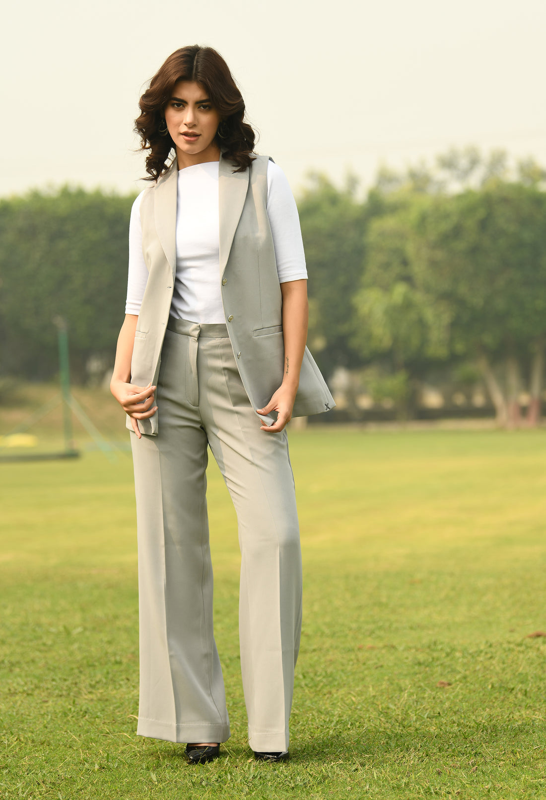 Exude Aspiration Sleeveless Blazer with Bootcut Trousers (Grey)