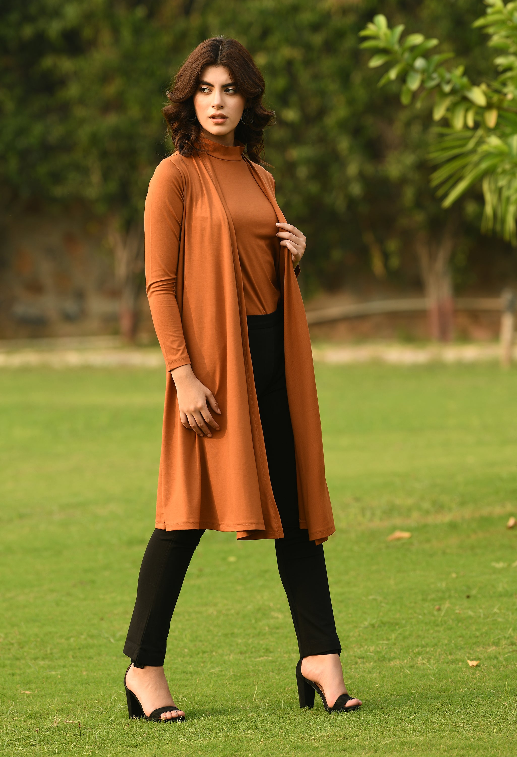 Exude Bravery Knee-length Shrug (Tan Brown)