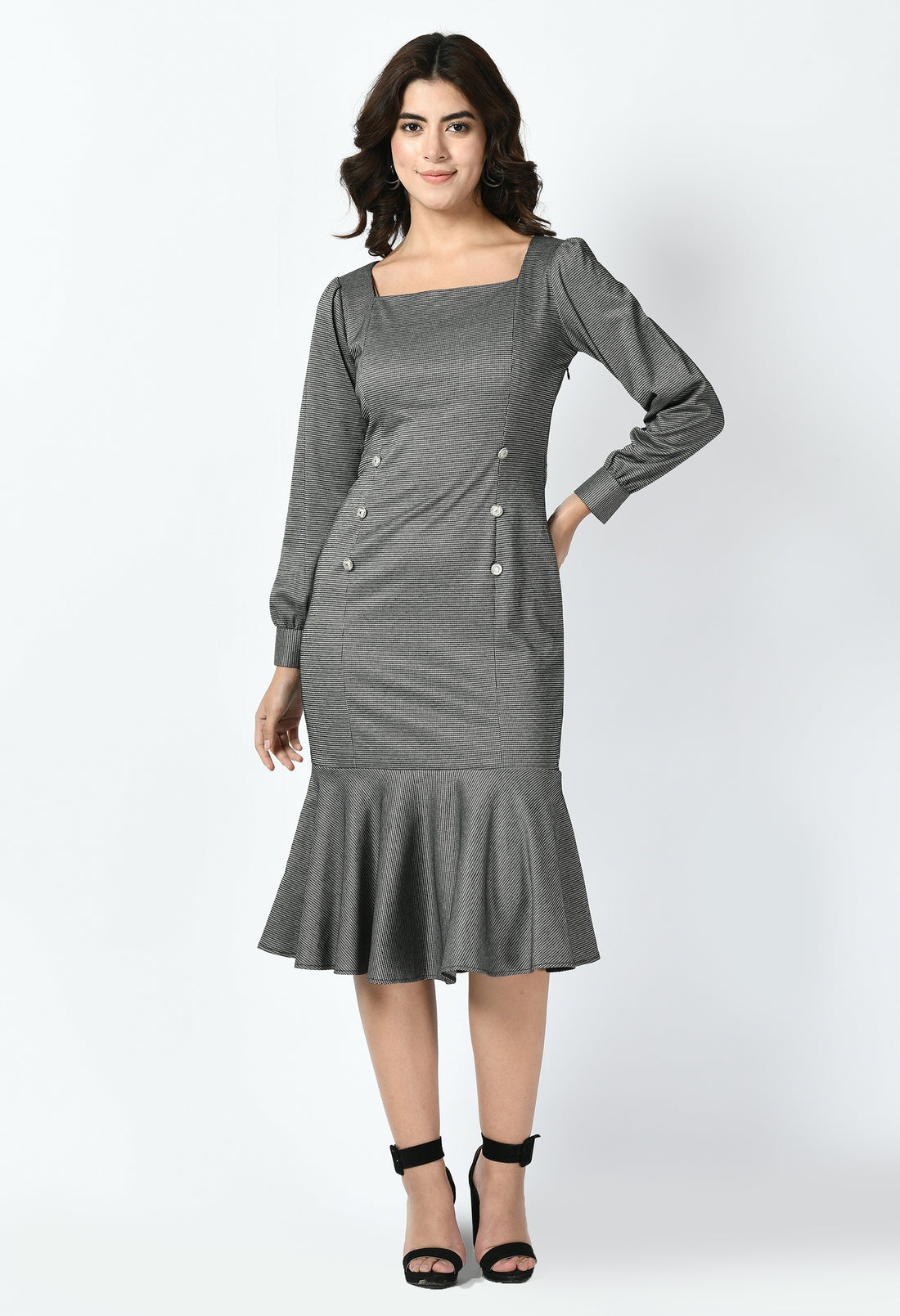 Exude Peak Checked Fishtail Midi Dress (Charcoal Black)