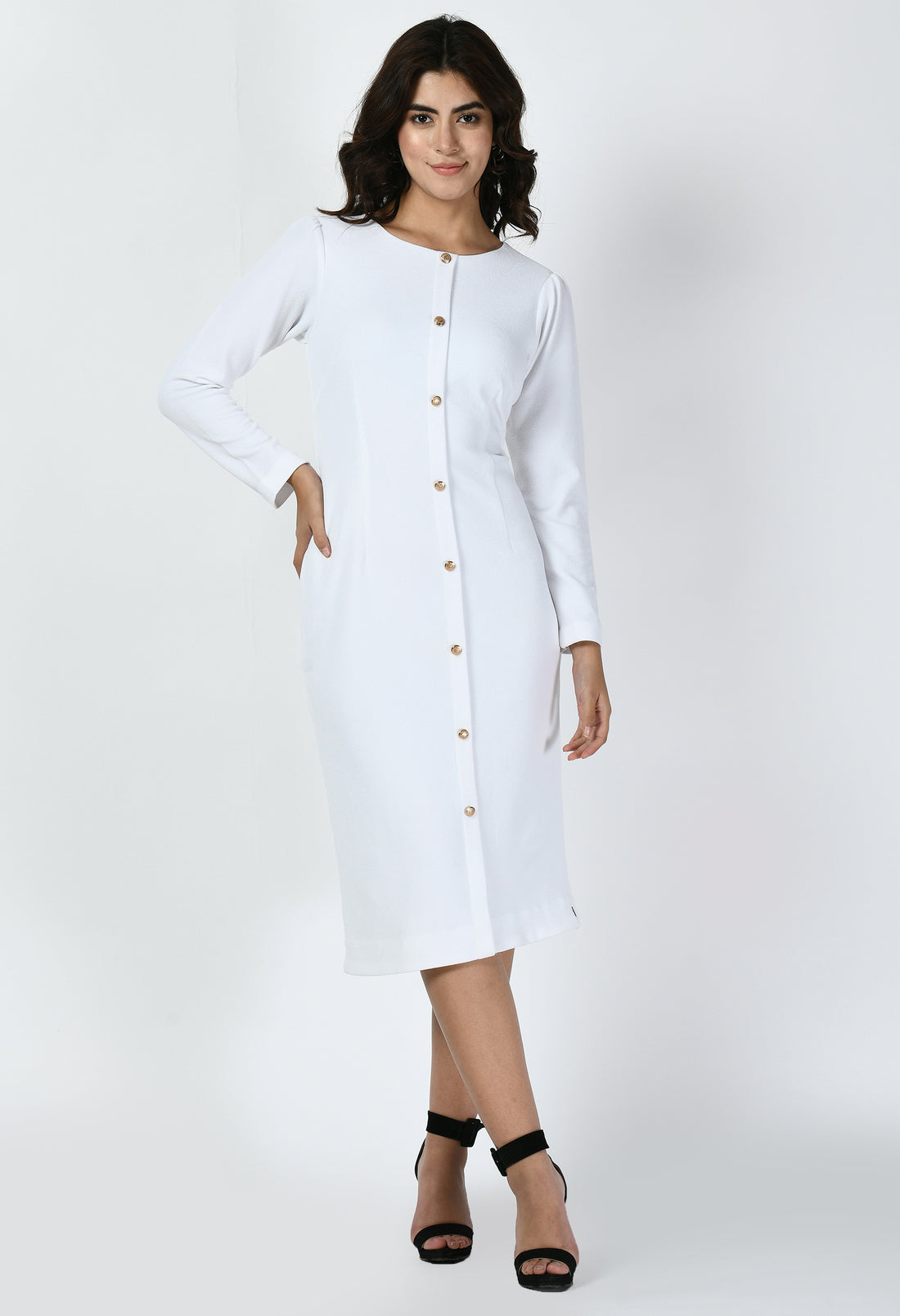 Exude Acme Button Down Midi Sheath Dress (White)