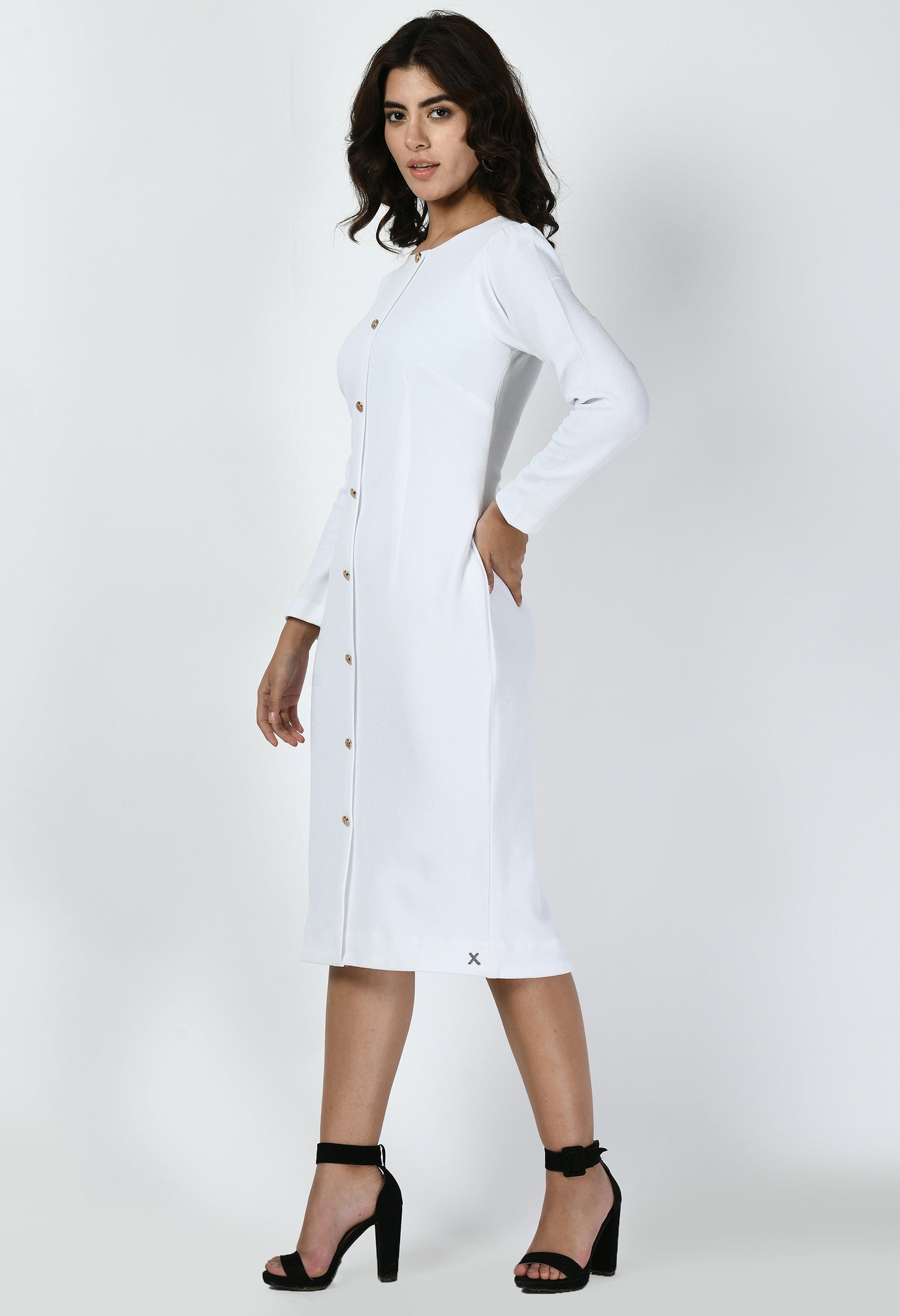 Exude Acme Button Down Midi Sheath Dress (White)