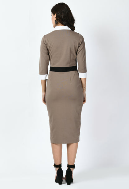 Exude Paramount Shirt Colour blocked Sheath Dress (Camel Beige)