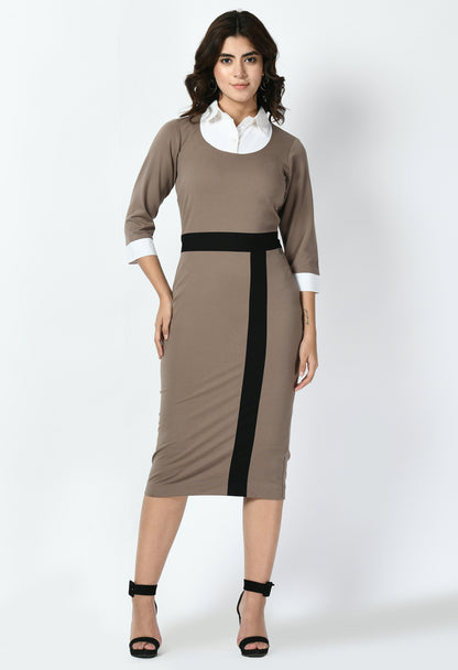 Exude Paramount Shirt Colour blocked Sheath Dress (Camel Beige)