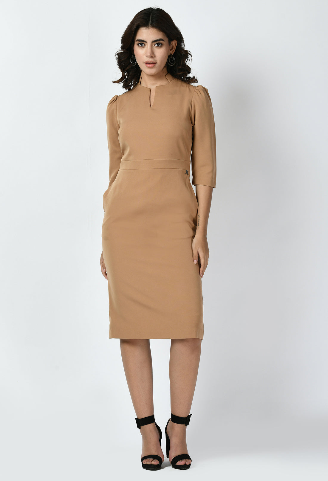 Exude Grace Puff Sleeves Sheath Dress (Beige)