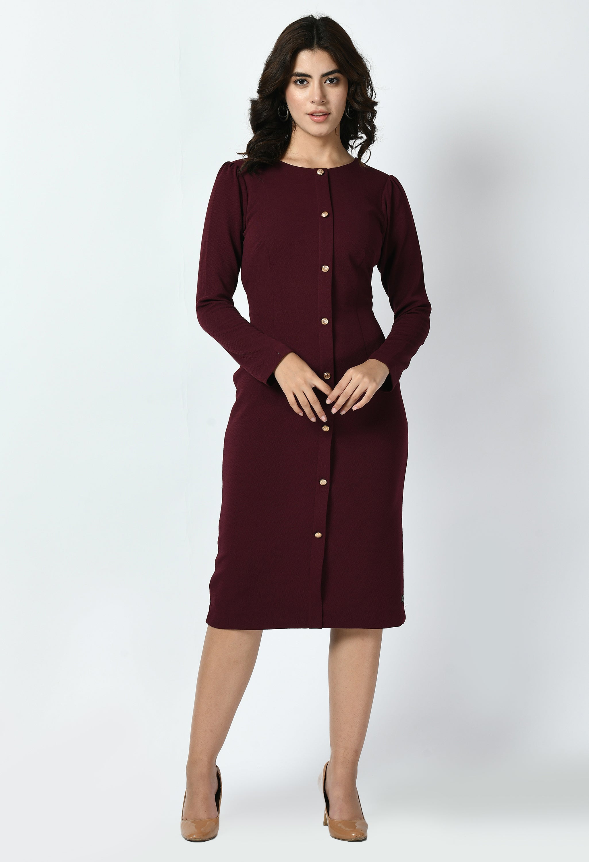 Exude Acme Button Down Midi Sheath Dress Wine