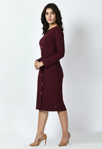 Exude Acme Button Down Midi Sheath Dress (Wine)