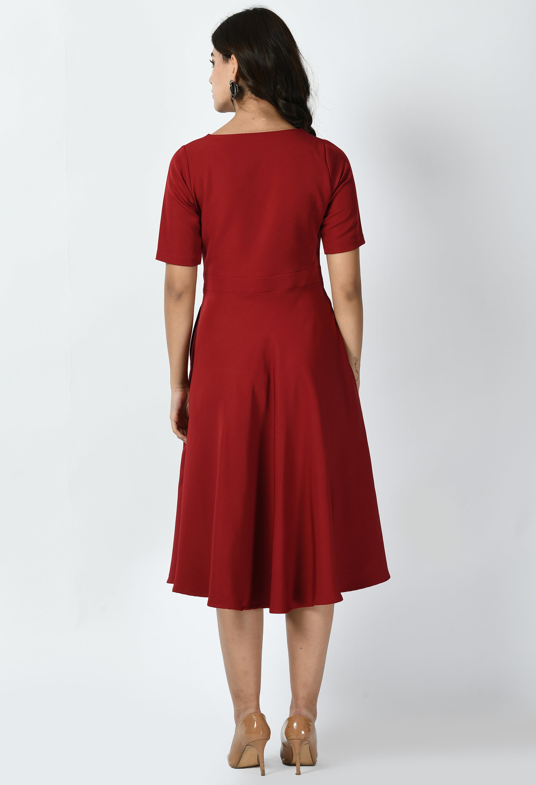 Brick Red Applique-Detail Empire-Line Dress