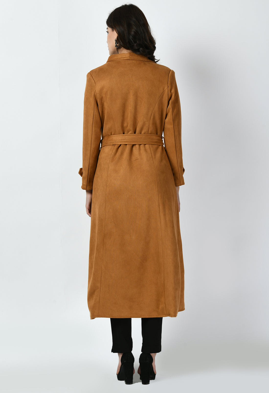 Exude Dedication Suede Leather Long Wrap Coat (Tan Brown)