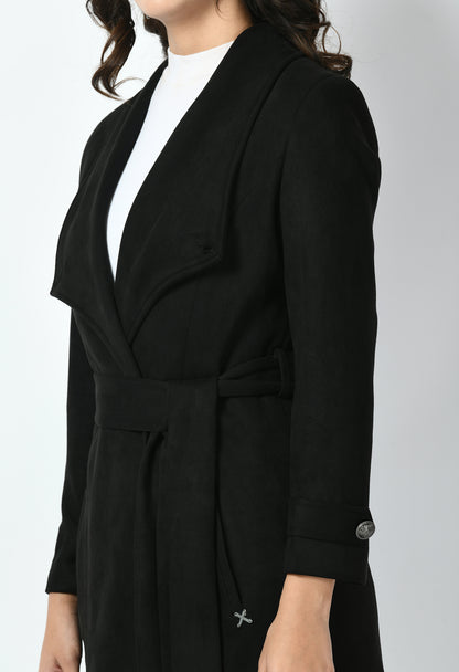 Exude Dedication Suede Leather Long Wrap Coat (Black)