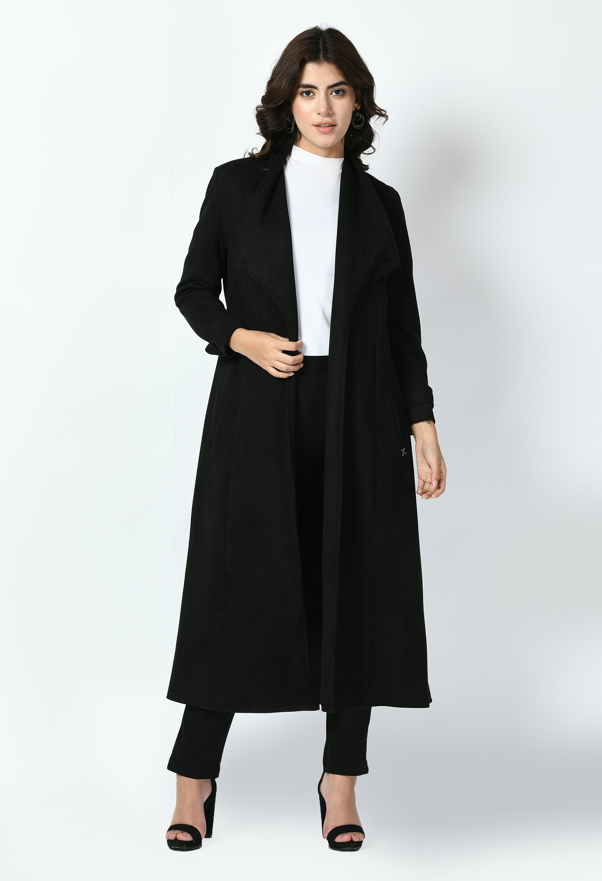 Exude Dedication Suede Leather Long Wrap Coat (Black)