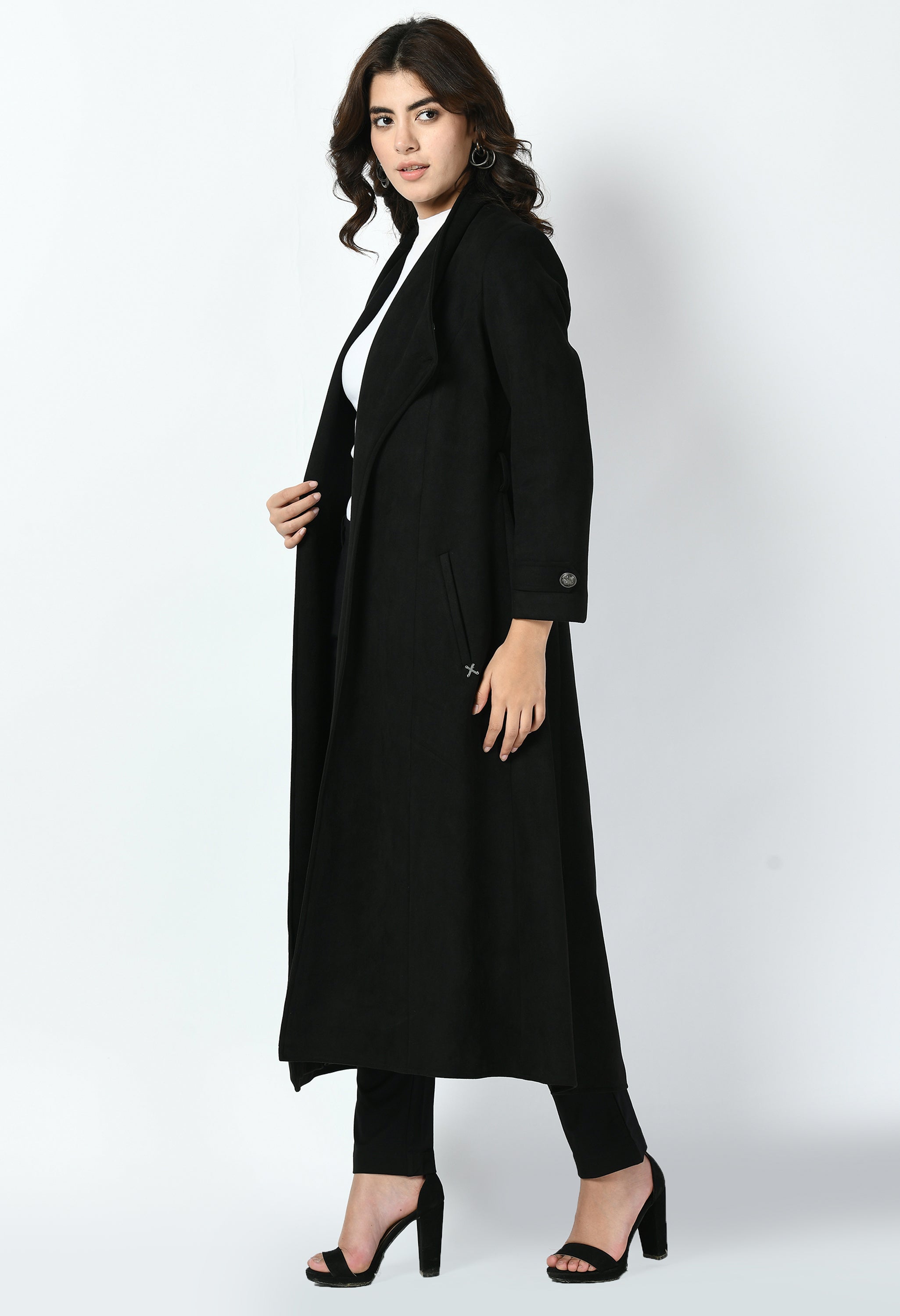 Exude Dedication Suede Leather Long Wrap Coat (Black)