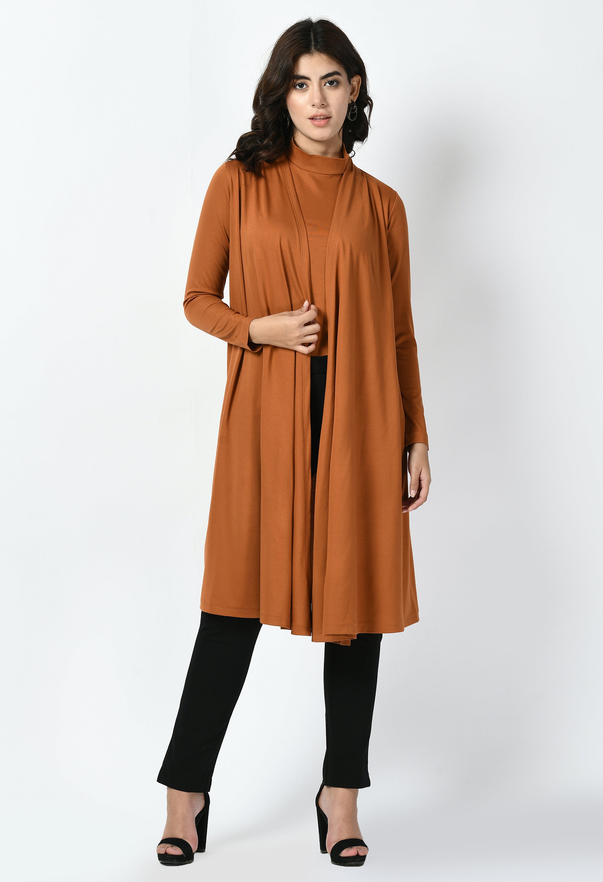 Exude Winsome High-neck T-shirt with Shrug (Tan Brown)