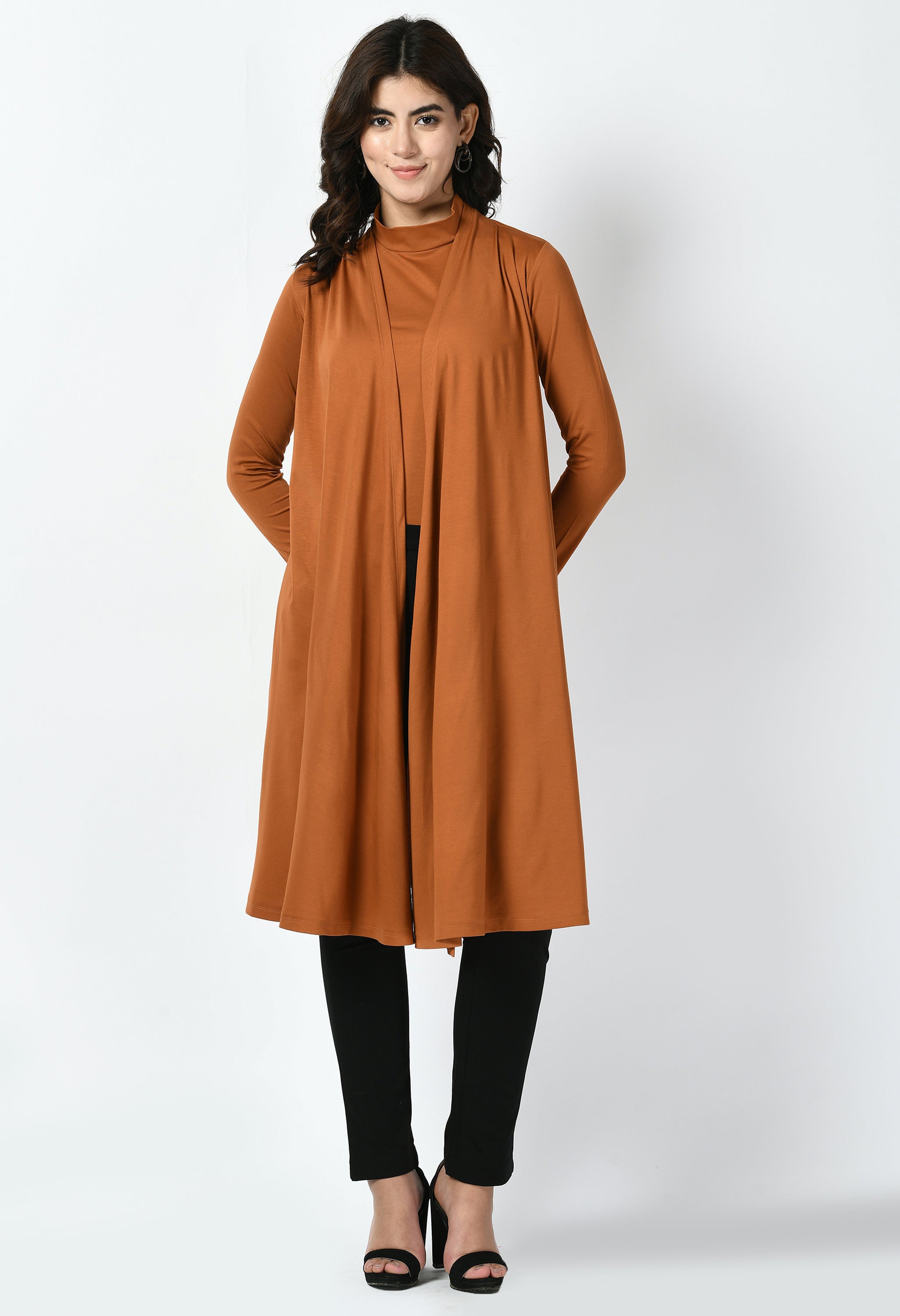 Exude Winsome High-neck T-shirt with Shrug (Tan Brown)