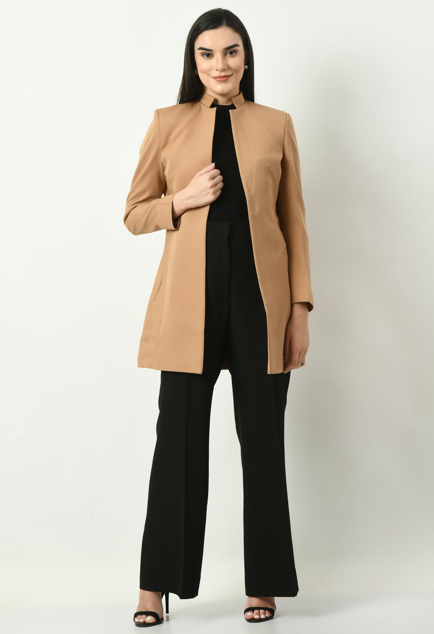 Exude Supremacy Solid Long Blazer (Beige)