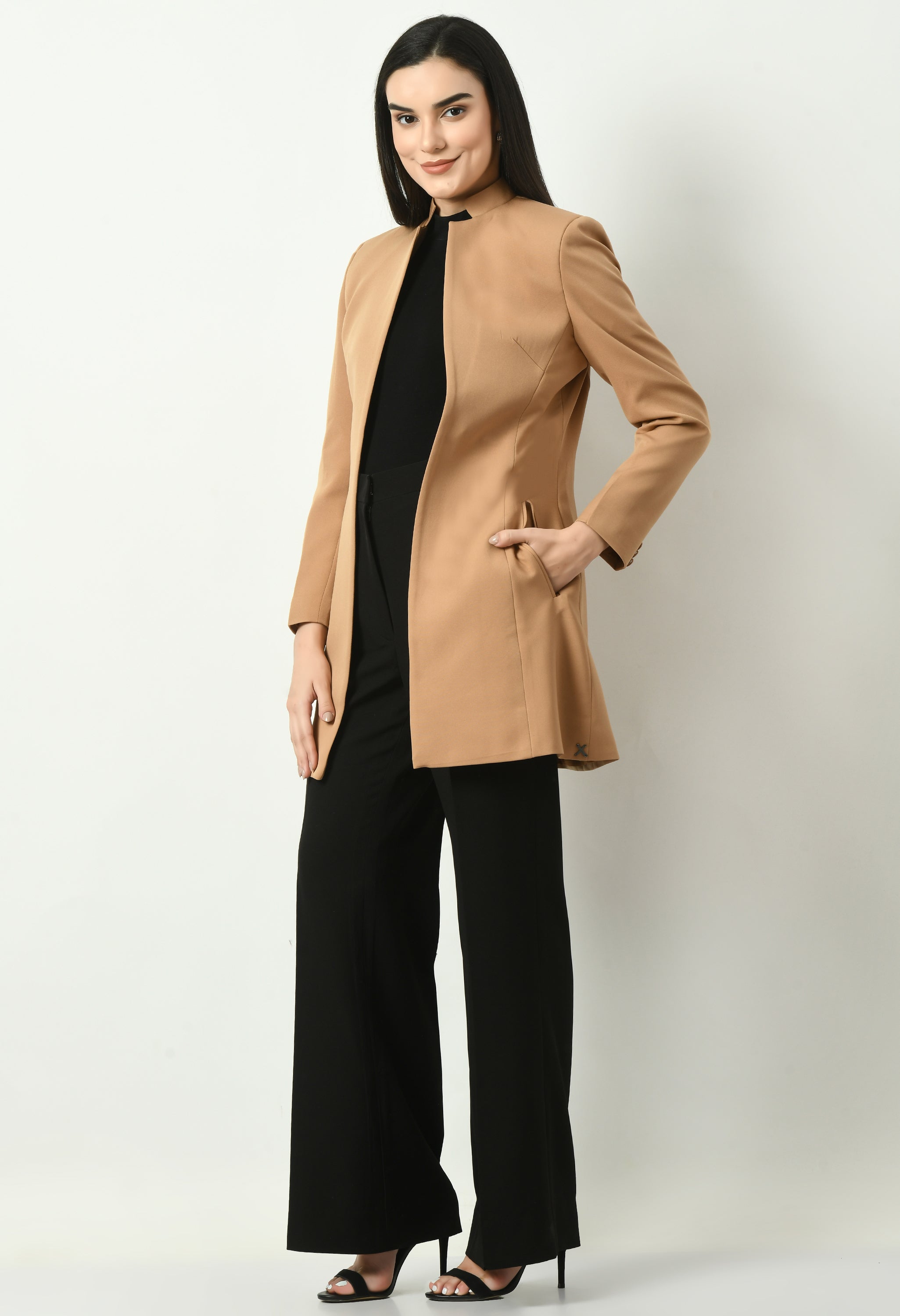 Exude Supremacy Solid Long Blazer (Beige)