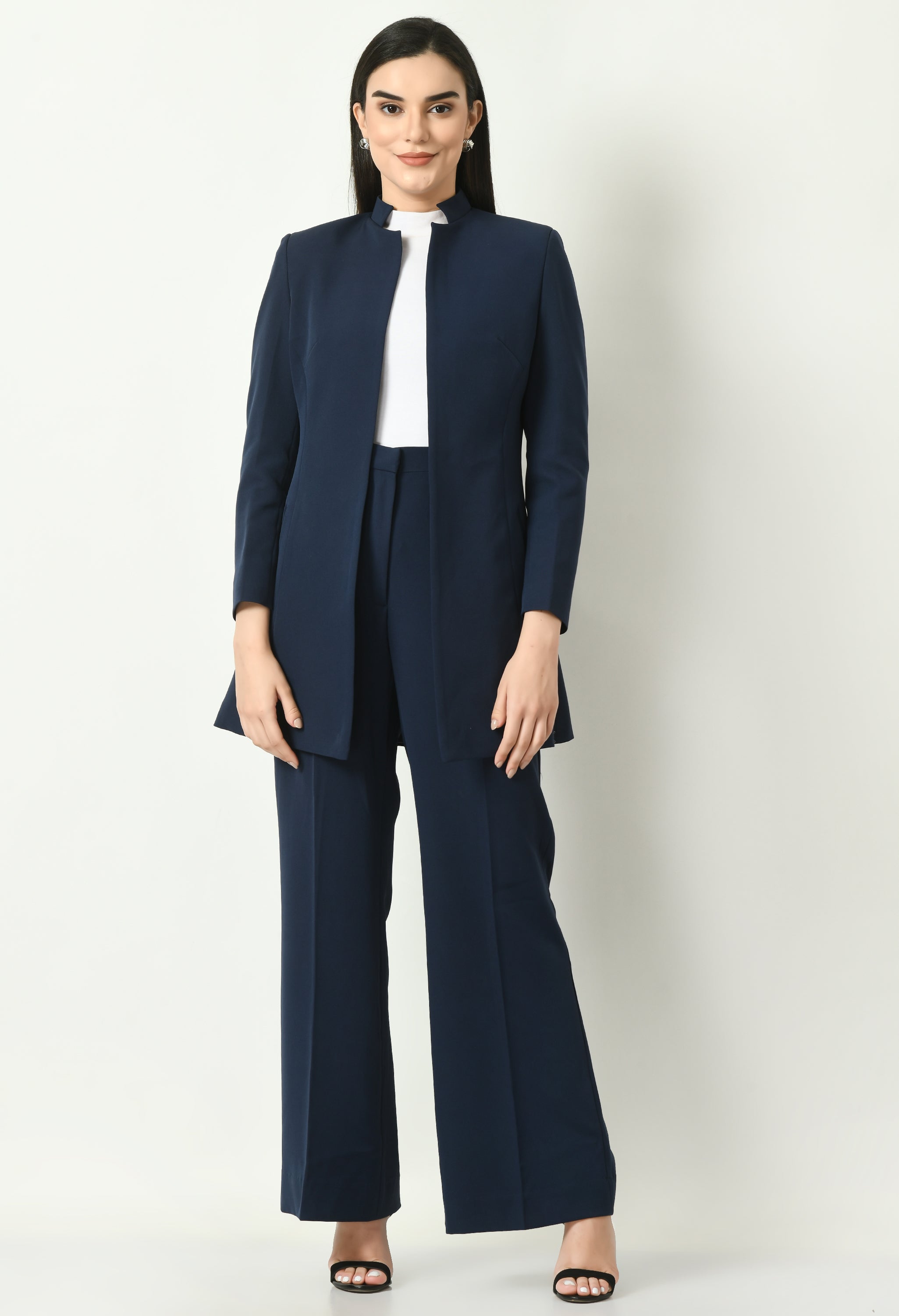 Exude Mastery Solid Long Blazer with Bootcut Trousers (Navy)