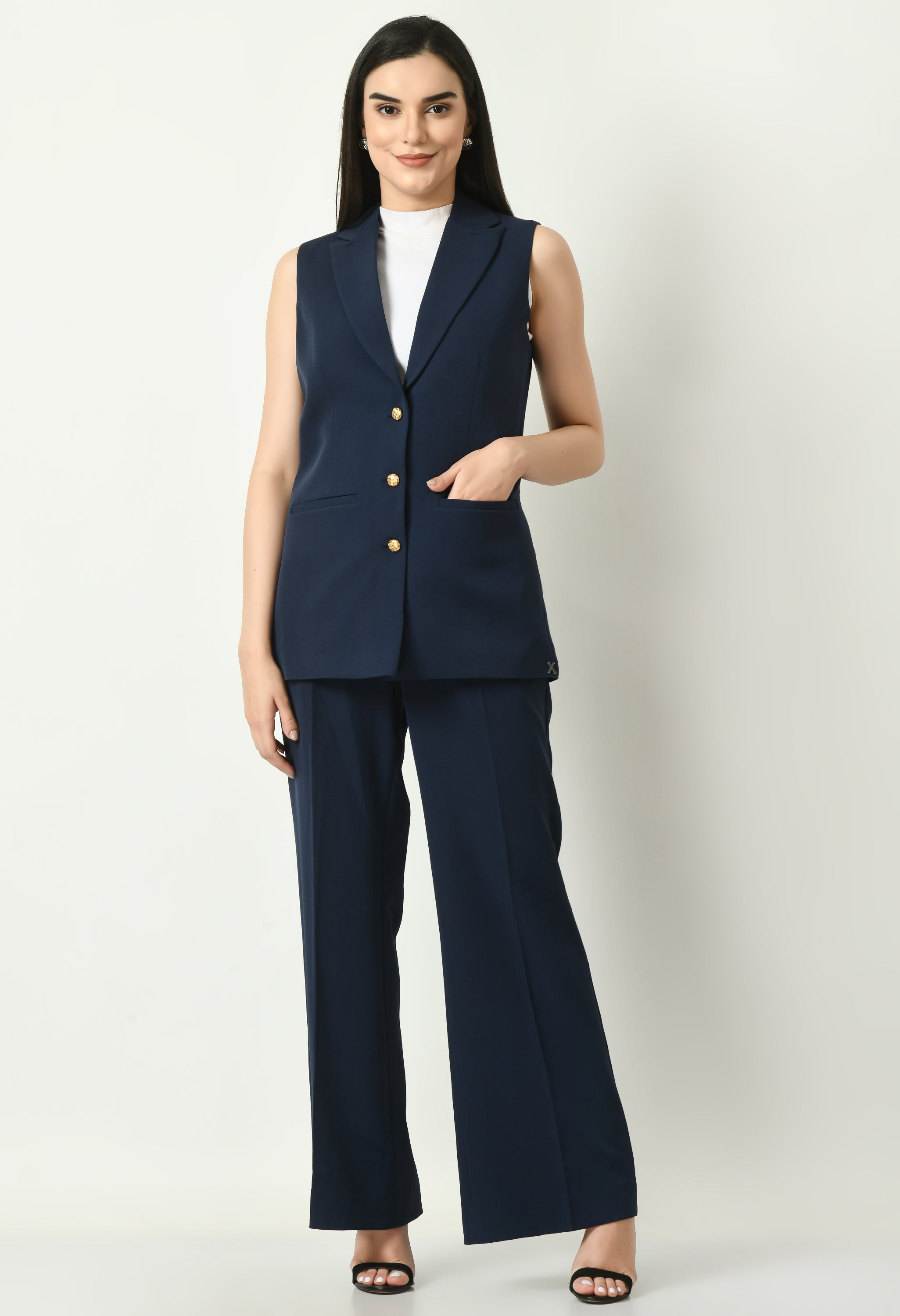 Exude Meridian Sleeveless Long Blazer (Navy)