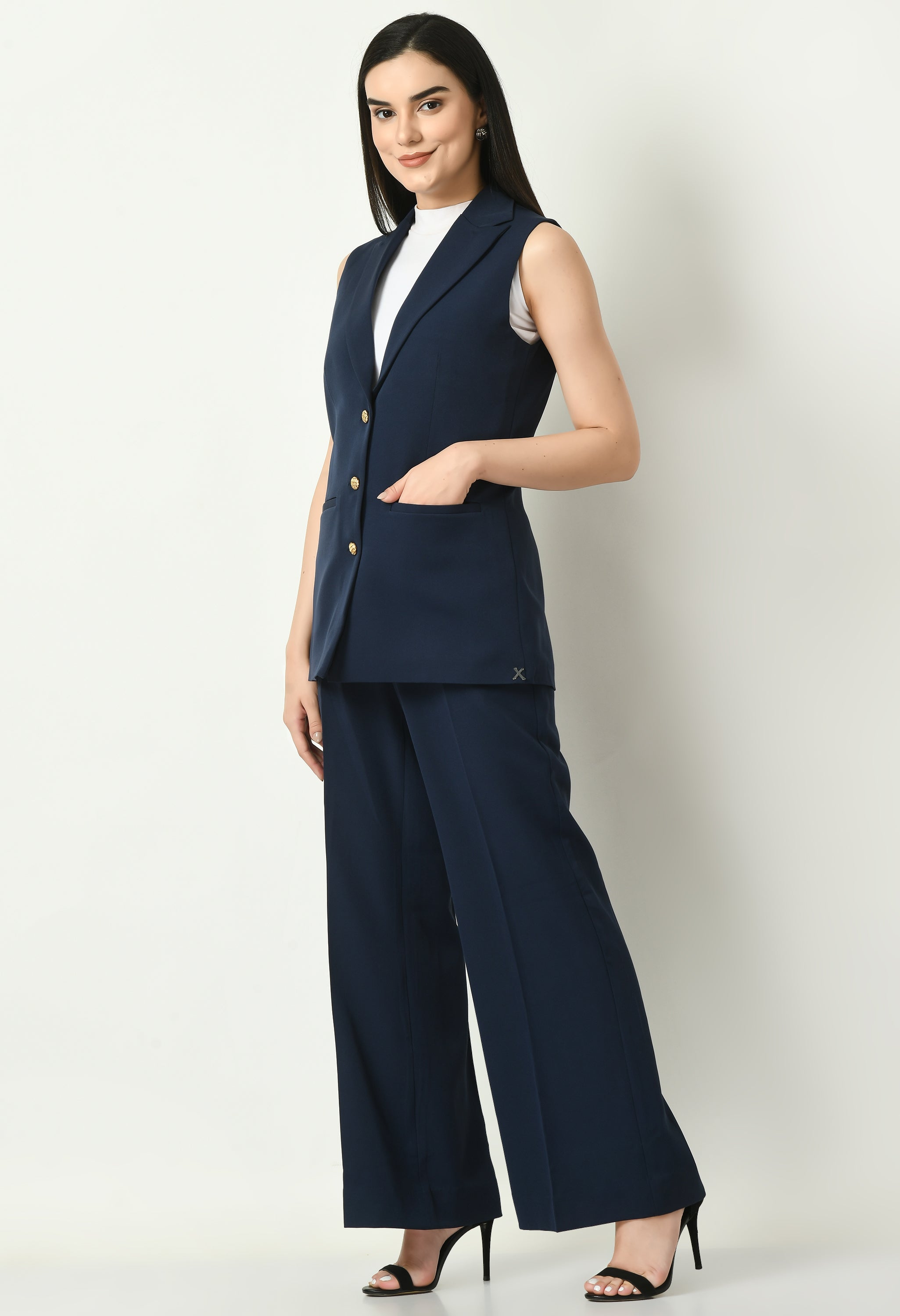 Exude Aspiration Sleeveless Blazer with Bootcut Trousers (Navy)