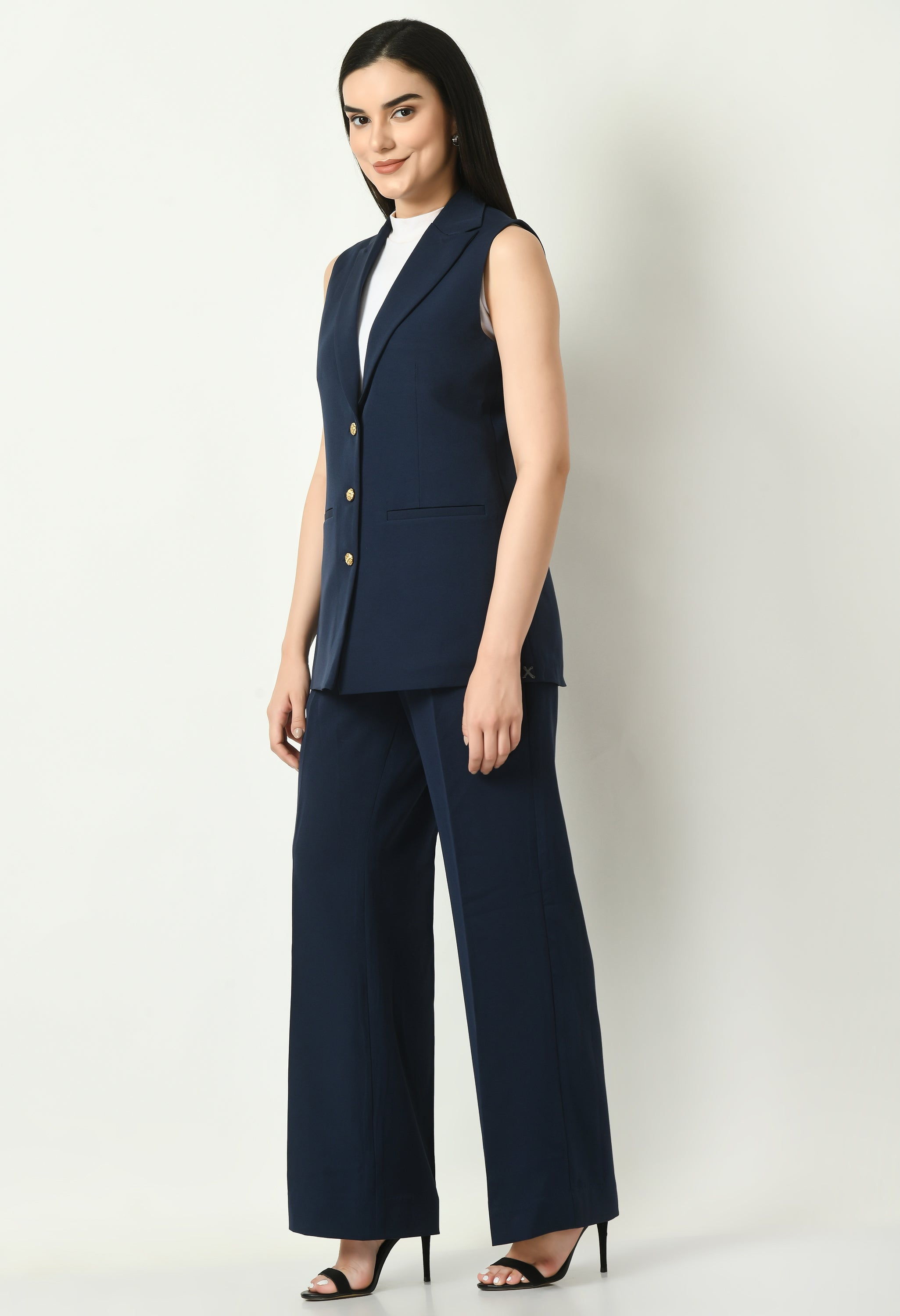 Exude Aspiration Sleeveless Blazer with Bootcut Trousers (Navy)