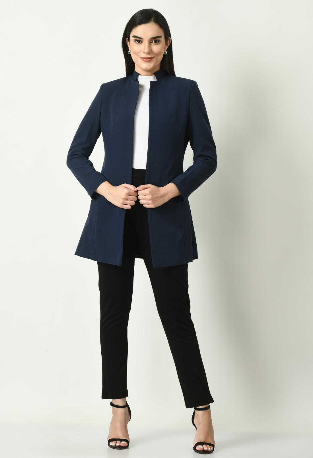 Exude Supremacy Solid Long Blazer (Navy)