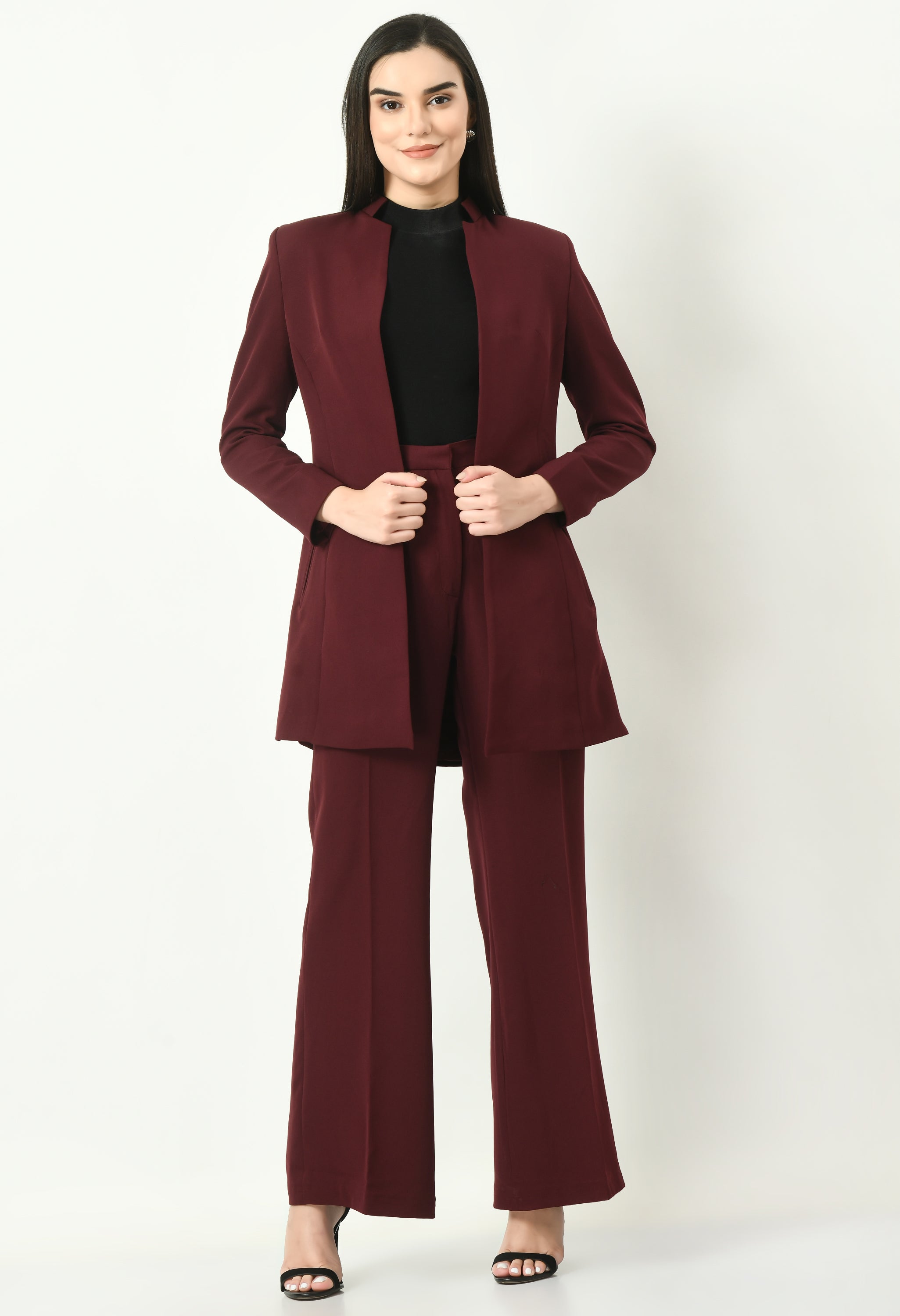 Exude Mastery Solid Long Blazer with Bootcut Trousers (Wine)