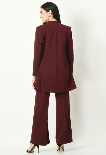 Exude Mastery Solid Long Blazer with Bootcut Trousers (Wine)