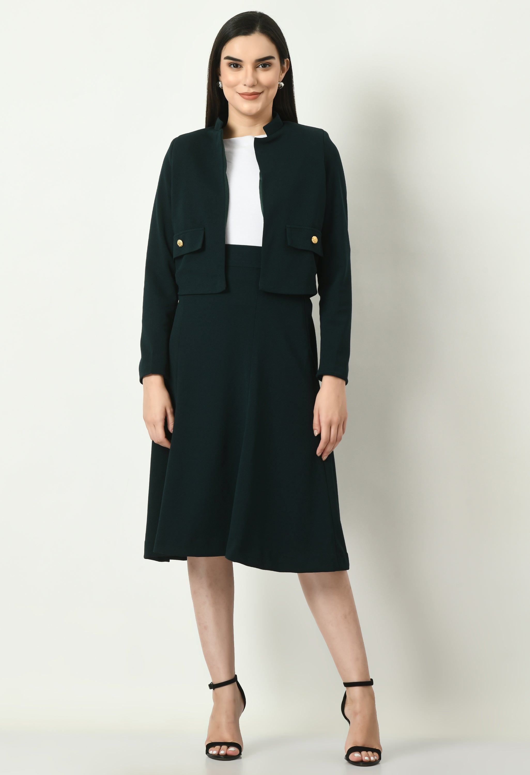 Exude Exuberant Mandarin Collar Blazer with Midi A line Skirt Emerald