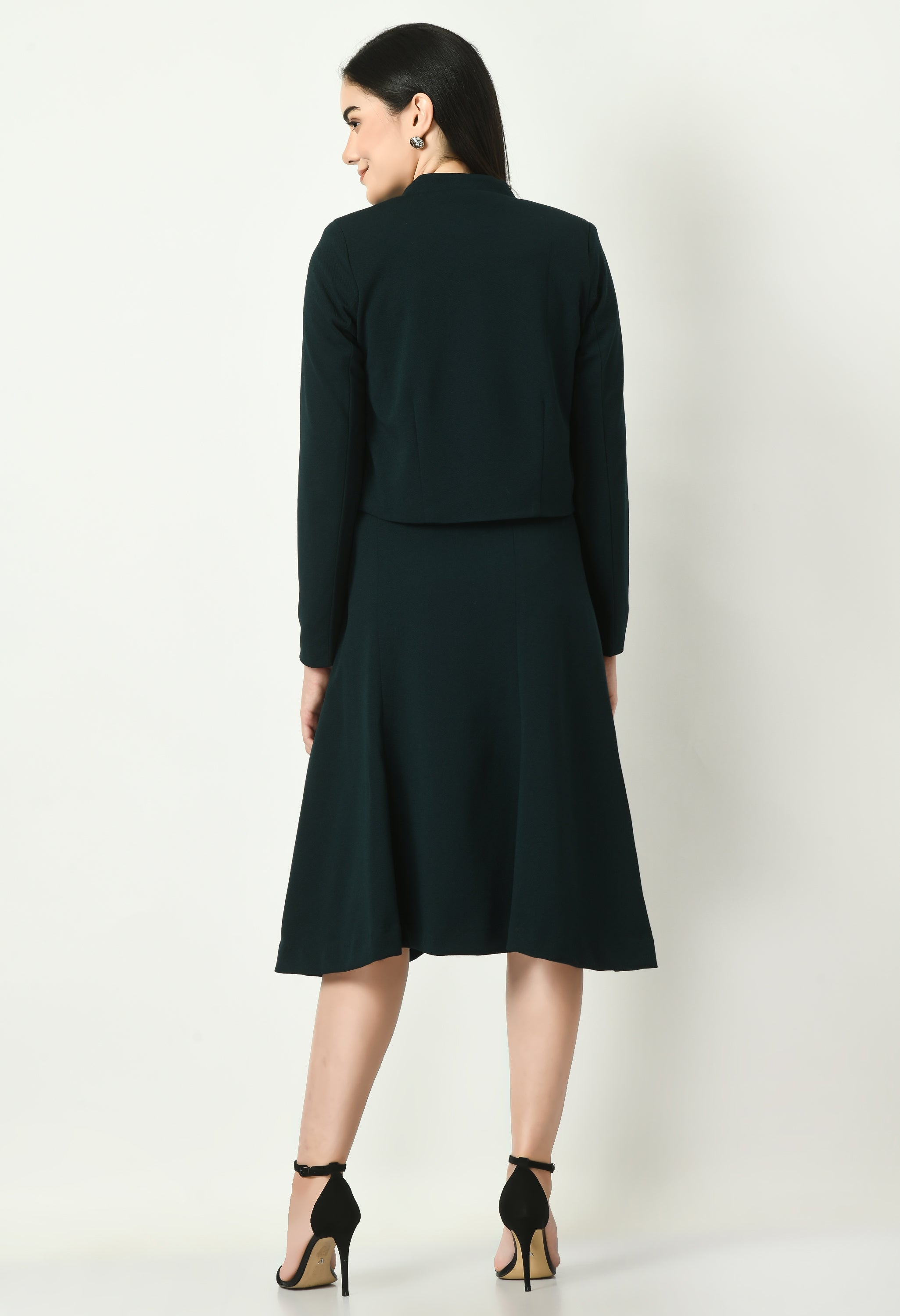 Exude Exuberant Mandarin Collar Blazer with Midi A-line Skirt (Emerald Green)