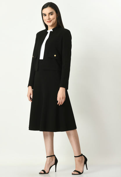 Exude Exuberant Mandarin Collar Blazer with Midi A-line Skirt (Black)