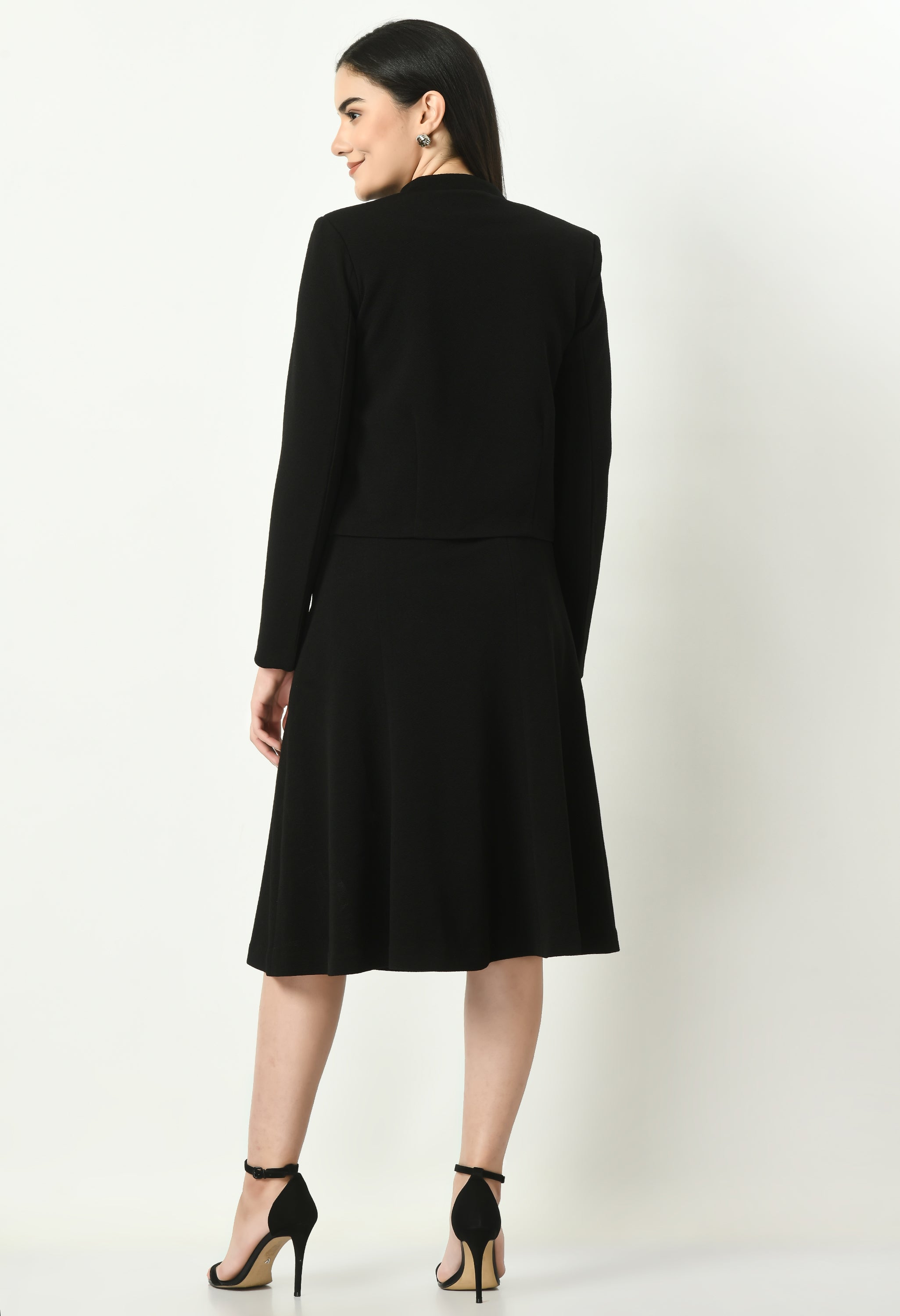 Exude Exuberant Mandarin Collar Blazer with Midi A-line Skirt (Black)