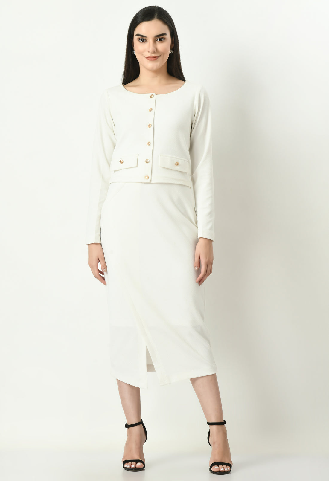 Exude Euphoria Pencil Midi Skirt with Front Slit (White)