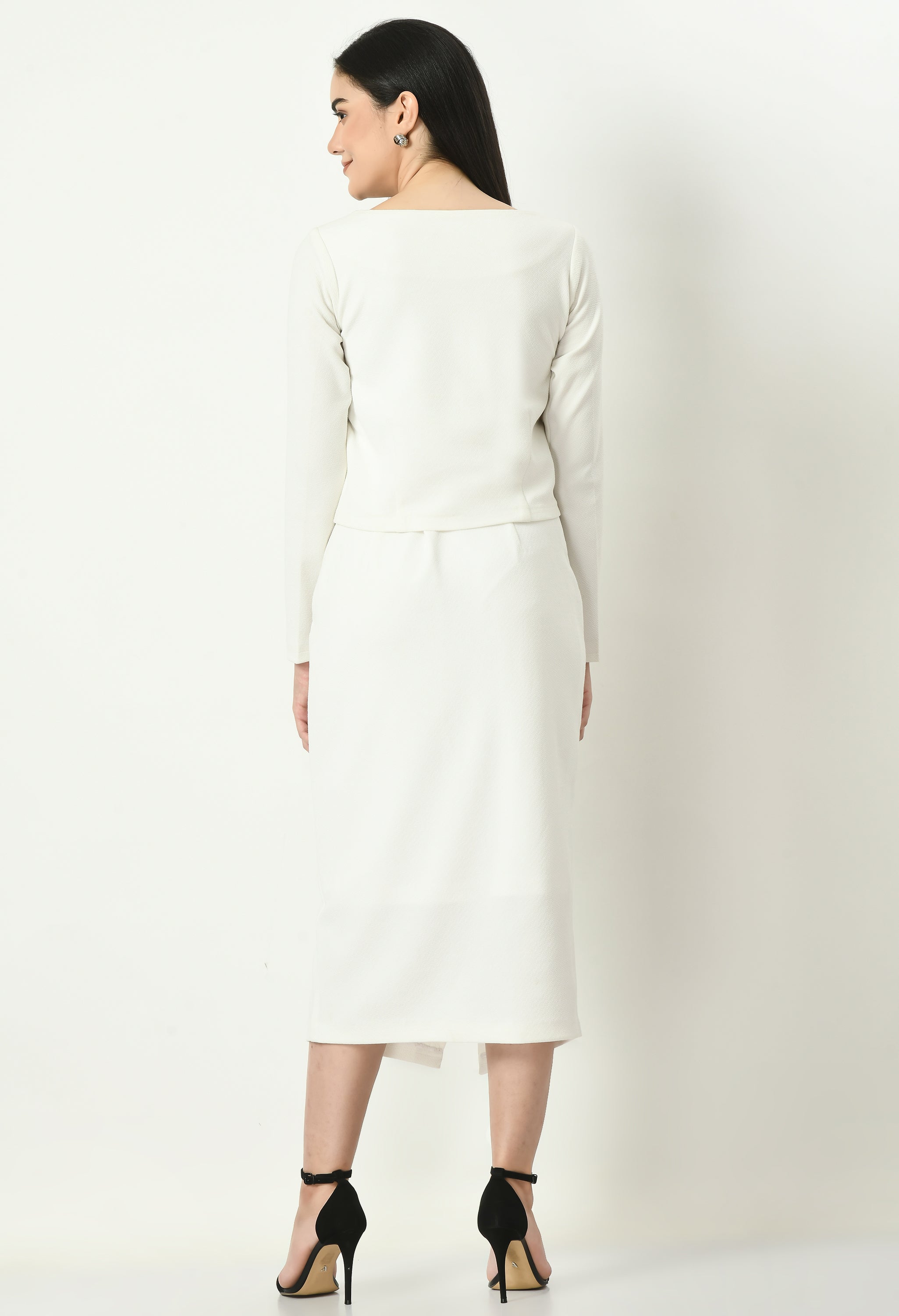 Exude Invincible Crop Blazer Top with Front Slit Midi Skirt (White)