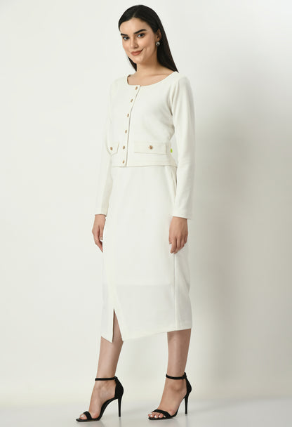 Exude Invincible Crop Blazer Top with Front Slit Midi Skirt (White)