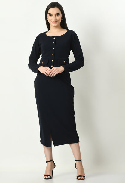 Exude Invincible Crop Blazer Top with Front Slit Midi Skirt (Navy)