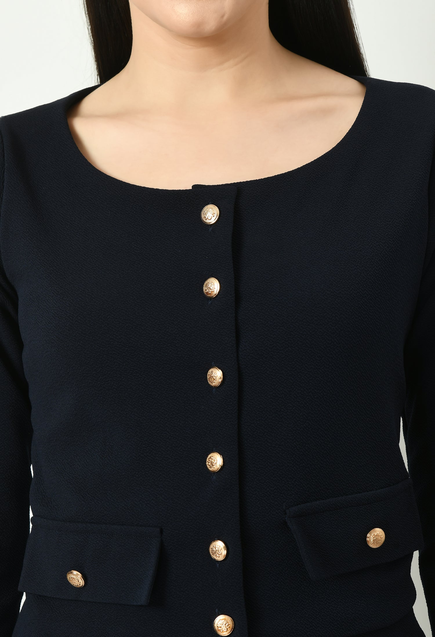 Exude Enchanting Button-down Crop Blazer (Navy)