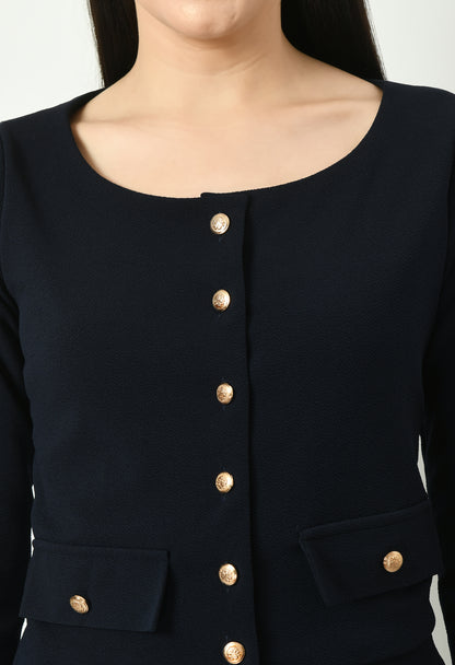 Exude Invincible Crop Blazer Top with Front Slit Midi Skirt (Navy)