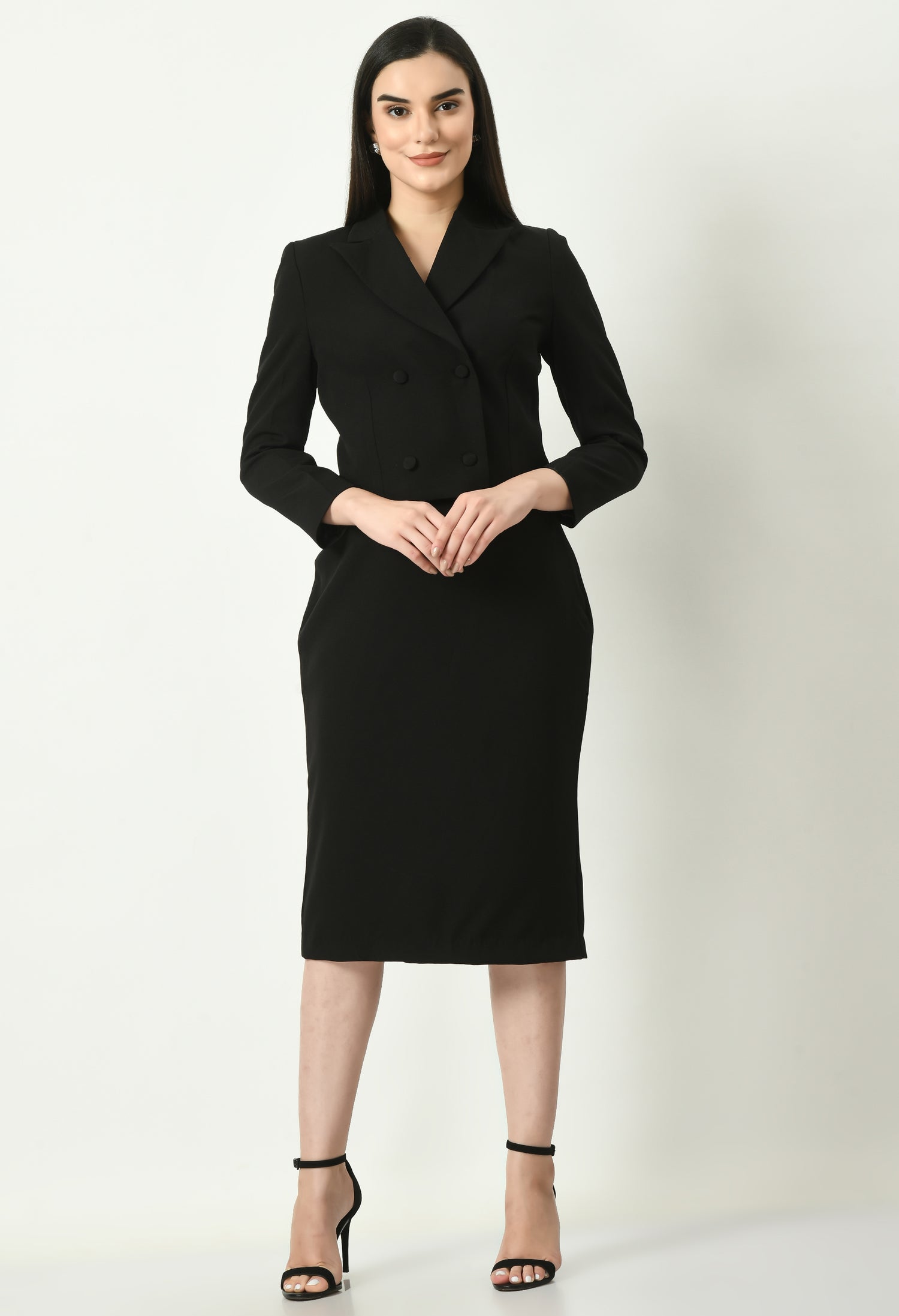 Exude Self-assurance Double-breasted Crop Blazer Top with Pencil Skirt (Black)